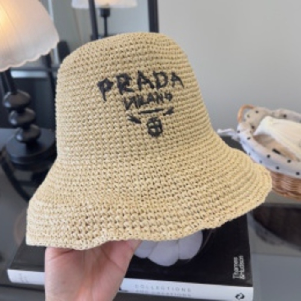 ✨Prada Logo Embroidered Crochet Straw Wide Brim Bucket Sun Hat - Picture 5 of 5